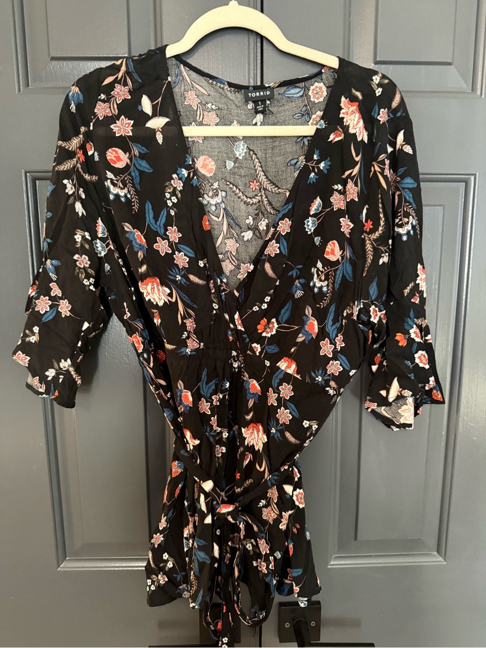 torrid Black Floral Tie-Waist Wrap Blouse